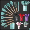 Cooking Utensils 12Pcs Cooking Utensils Set Kitchen Tools Wooden Handle Sile Spoon Shovel Storage Bucket Kitchenware Suit Mti Color Dhfqo