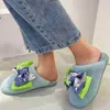 Slippels Women Fashion Print Bow Hairy Slippers Baotou vaste platte katoenen slippers indoor slaapkamer antislip warme pluche schoenen J220716