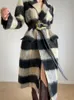 Women's Wool Blends UCXQ Vintage Black White Plaid Striped Woolen Coat Autumn Winter Notched Thickened Women Overcoat With Gold Button Belt 221122