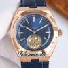 TWF 42,5 mm zagraniczny szkielet turbillon męs zegarek automatyczny 6000V/110R-B733 Blue Dial Stick Markery bransoletki różowe złota