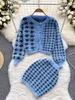 Tvådelad klänning Singreiny Fashion Plaid stickade bitar kostymer långärmad kort tröja Cardigan Mini Bodycon Streetwear Autumn Set L221122