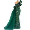 Long Sparkly Evening Dresses 2022 Mermaid One Shoulder Luxury Dark Green Sequined African Women Formal Party Gowns Peplum Ruffle Prom Dress BC14040