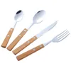 Wood Handle Cetlery Cnife Flatware 304 Stains Steel Tabledware أدوات المائدة اللذيذة شوكة ملعقة ملعقة صغيرة