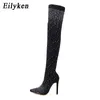 Boots Fashion Runway Crystal Stretch Tyg Sock Over the Knee Boot Lår High Point Toe Woman Stiletto Heel Shoes 220913