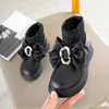 Stövlar Little Kid Knit Ankel Pu för Girl Metal Buckle Bow Shoes Slip On Winter Short Plush Warm Bbay Child Boot Storlek 21-30 221122