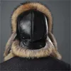 Ear Muffs Mens Real Fox Fur i prawdziwy skórzany kapelusz Rosyjski Ushanka Winter Warm Aviator Trapper Bomber Ski HARMUFFS CAP6585764
