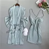 Vêtements de nuit pour femmes Peignoir en fausse soie Femmes Kimono Robe Sexy avec dentelle 2 pièces Robe Ensembles Perspective Lingerie intime Vêtements de nuit