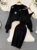 Two Piece Dress SINGREINY Flower Casual Sweater Suit Long Sleeve Elegant Short Tops Midi Soft Winter Knit Sets Outwear 221122