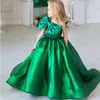 Vert une épaule enfants robes formelles vert émeraude Satin filles noël robe de fête d'anniversaire noeud papillon jupe gonflée enfant en bas âge robe de reconstitution historique