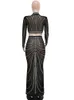 Robe de deux pièces Robes décontractées Kricesseen Sexy Black Shine Crystal Sheer Jupe Ensemble Femmes Haut à manches longues et Maxi Costumes Night Clubwear 221121