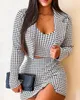 Два куска платья Casual 2 Sets Женские наряды Элегантная спагетти ремешок Houndstooth Print vneck Top Fashion Slit Mini Skirt 221122