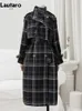 Women's Wool Blends Lautaro Autumn Winter Long Loose Warm Plaid Trench Coat for Women Raglan Sleeve Belt Double Breasted en Overcoat 221123