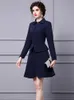 Vestido de dos piezas ZJYT Diseñador de pasarela Trajes de chaqueta azul oscuro con falda 2 Trajes de mujer Ropa de trabajo de oficina Conjuntos de fiesta de dama elegante 221122