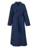 Women's Wool Blends LANMREM Autumn Winter Women Woolen Coat Warm Long Length Double Breasted Navy Blue Coats Female Elegant Outerwear 2C533 221123