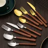 Plastic handle Stainless steel knife fork and spoon Teaspoon Flatware with imitation wood grain handle