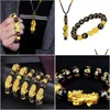Charm Bracelets Charm Bracelets 1 Set Black Obsidian Stone Beads Bracelet Necklace Wealth Good Luck Jewelry Gift For Birthday Year D Dhvbn