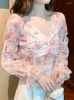 Blouses femininas trompete tridimensional de manga longa para mulheres ajustadas que combinam com tudo o verão bonito e floral