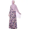 Ethnic Clothing Women's Floral A-line Maxi Dress With Pockets Long Sleeve Green Printing Round Collar Muslim Abaya Robe Islamic Casual