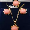 Pink Korallen gelbe Steinkristall Anhänger Halskette Ringohrringe Set Set