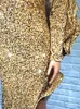 Party Dresses Luxury Gold Sequin Dress with Hat High Neck Slits Floor Length Maxi Robes Long Sleeve Fall Winter Sparkly aftonkläder 221123