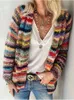 Kvinnors stickor Tees Kvinnor Elegant Multicolor Print Sticked Cardigans Tröja Autumn Winter Long Sleeve Coat Tops Ladies Casual Pocket Sweaters 221123