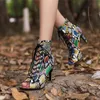 Sandalias con cordones para mujer, botas con punta abierta, tacón de aguja con estampado de leopardo, zapatos de baile latino sexys a la moda, tacones altos para banquete de estilo romano