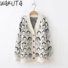 Women's Knits Tees WAKUTA Funny Cartoon V Neck Cardigan Female Knitwear Japanese Fall Winter Casual Loose Knit Jacket Sweater for Women 221123