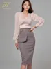 Two Piece Dress H Han Queen Women Autumn Profession 2 Pieces Set V Neck Blouses Vintage Mid Calf Pencil Skirt Korean Simple Casual Suit 221122