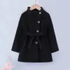 Coat Girls Jackets Spring Fall Winter Clothing Single breasted Kids Plus Velvet Thick Woolen Pure Black Belted Overcoat 221122