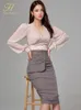 Two Piece Dress H Han Queen Women Autumn Profession 2 Pieces Set V Neck Blouses Vintage Mid Calf Pencil Skirt Korean Simple Casual Suit 221122