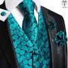 Mens Suits Blazers Hitie Högkvalitativ silkvästar Teal Floral Jacquard Waistcoat slips Hanky ​​manschettknappar Brooch Set för män passar bröllopskontor XL 221123