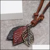 Pendentif Colliers Rétro plante feuille pendentif collier en cuir chaîne réglable bijoux fins colliers pour femmes hommes mode cadeau Drop Dhuk0