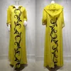 Abbigliamento etnico Ricamo giallo Abaya musulmano Eid Mubarak Abiti lunghi con cappuccio da donna Elegante Dubai Caftano turco Robe Boubou