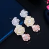 Kolczyki Dangle Korean elegancki moda cyrkon długi kwiat dla kobiet gradient fioletowy płatek róży biżuteria