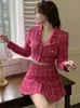 2ピースドレス2セットローズピンクの格子縞の女性クロップドツイードブレザーハイウエストミニスカートスーツレディースファッションマッチセット221122