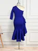 Party Dresses Blue Women Bodycon Stylish Mermaid Club Date Night Midi Length One Shoulder Ruffles Elegant Lady Clothes 221123