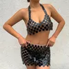 Lacteo – robes de travail Sexy à paillettes, Camis licou, chaîne de corps pour femmes, mode féminine, jupe ajourée, soutien-gorge Bikini, bijoux Whole2724