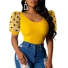 Women's Jumpsuits Rompers Women Summer Mesh Puff Short Sleeve Ribbed Knitted Shirt Slim Casual Polka Dots Oneck Blouse Tops Elegant Party Clubwear 221123