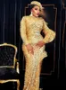 Party Dresses Luxury Gold Sequin Dress with Hat High Neck Slits Floor Length Maxi Robes Long Sleeve Fall Winter Sparkly aftonkläder 221123