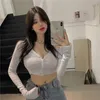 Women's Knits Tees Spring Sexy Low-cut V-neck Long-sleeved Knitted Cardigan Women Short Thread T-shirt Navel Bottoming Shirt Tight Top 221123