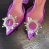 Amina Muadi PVC Sandals Heeled Shoes Dress Shoe 고급 디자이너 활 크리스탈 벨리쉬 버클 뾰족한 발가락 해바라기 샌들 10cm 저녁 식사 공장 신발 박스