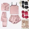 Womens Sleepwear Sexy Womens Pajamas Satin 4piece Silk Tops Shorts Rets Robe Liegown Lightshorts Soft Suits 221122