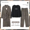 Men's Sleepwear Spring Autumn 3 Piece Knitted Cotton Bathrobe Mens Kimono Bath Robes Plaid Dressing Gown Robe Sets Homewear Fashion 221122