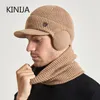 Chapeaux de plein air Hiver Oreille Protection Chapeau Écharpe Ensemble pour Hommes Tricoté Laine Coldproof Benines Neige Ski Cou Chaud En Peluche Épaissir Crâne Caps 221122