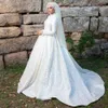 Brillante Pailletten Ballkleid Muslim Brautkleider Hoher Kragen Langarm Arabisch Dubai Brautkleid Perlen Luxus Vestidos