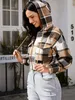 Womens Jackets Plaid Flannel Flap Pocket Zip Hooded Women Drop Shoulder Coat Up Short Winter Outwear 221122