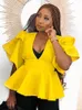 Chemisiers pour femmes Chemises Sexy Deep V Neck Ruffle Tops Flare Sleeve Peplum Taille Jaune Chemise Blouse Mignon Club Party Dressy pour Night Out 221123