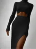 Two Piece Dress Habbris Autumn Sexy Solid Ribbed 2 Sets Club Outfit For Women Long Sleeve O Neck Crop Top And Skirt Female 221123