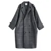 Women's Wool Blends Elegant Women Plaid Coat Korea Retro Dark Gray Double Breasted Long Sleeve Chic Loose Outerwear Ladies Jacket Overcoat 221123