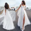 2022 Beach Bridal Wedding Gowns Sleeveless Side Slit V Neckline Pearls Wedding Dresses For Bride Lace Up Back
